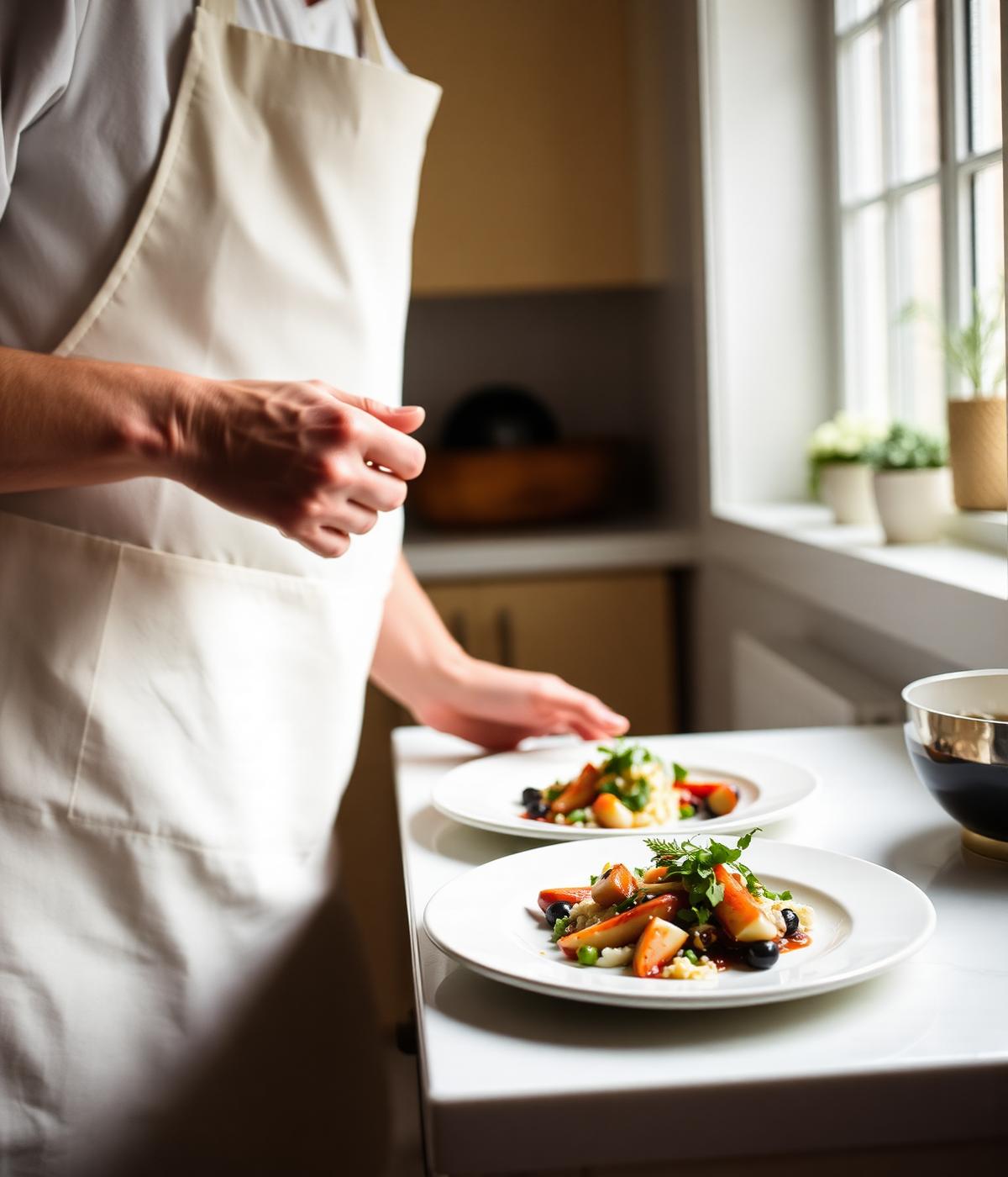 Chef plating a scratch-made meal in a warm home kitchen